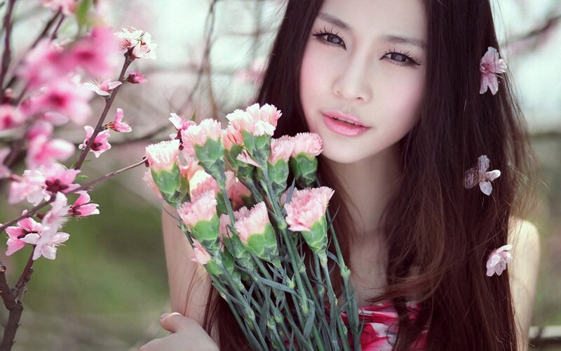 woman with pink flowers