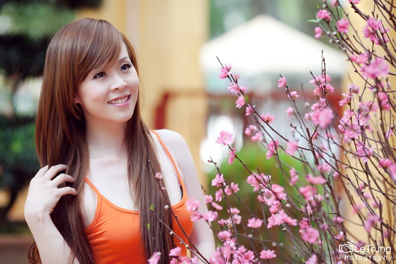 woman with pink flowers