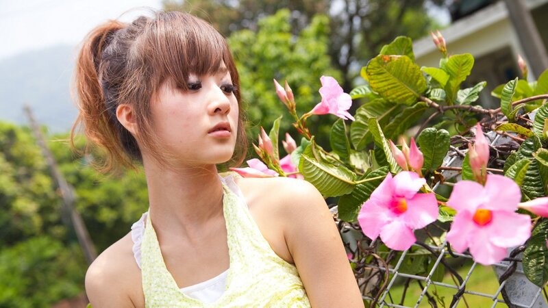 woman with pink flowers