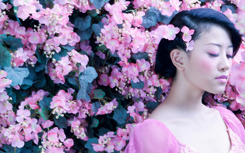 woman with pink flowers