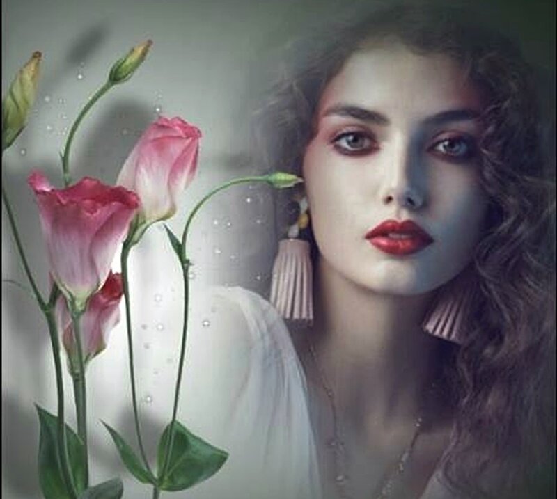 Woman with Pink Flowers — Dramatic, Digital Art