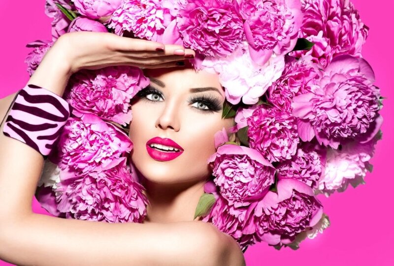Woman with Pink Flowers — Dramatic, Photograph, Makeup