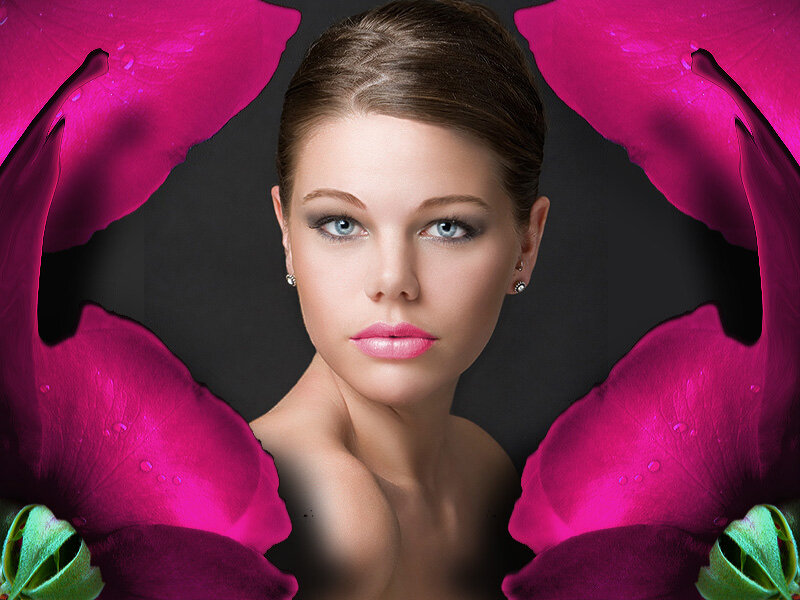 Woman with Pink Flowers — Dramatic, Photograph