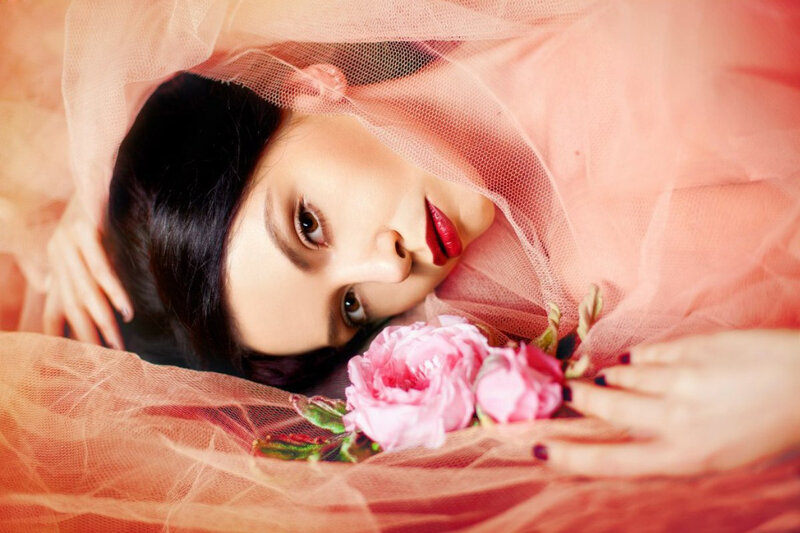 Woman with Pink Flowers — Dramatic, Photograph, Veil