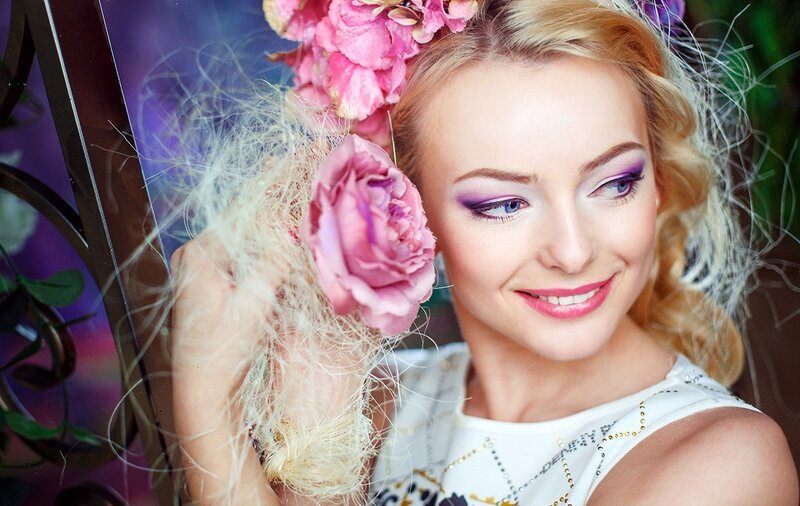 Woman with Pink Flowers — Dreamy, Photograph, Makeup