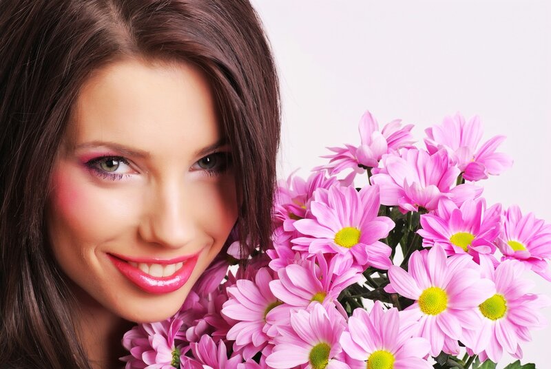 Woman with Pink Flowers — Happy, Photograph