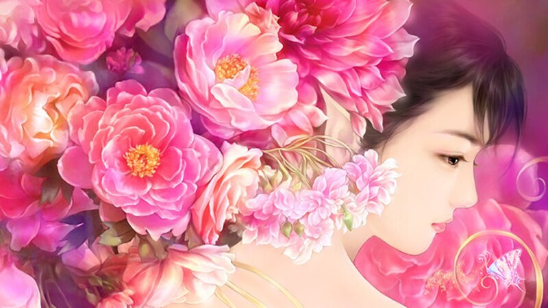 Woman with Pink Flowers — Serene, Digital Art, Butterfly, Profile