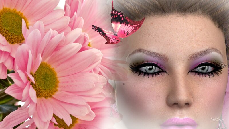 Woman with Pink Flowers — Serene, Digital Art, Butterfly
