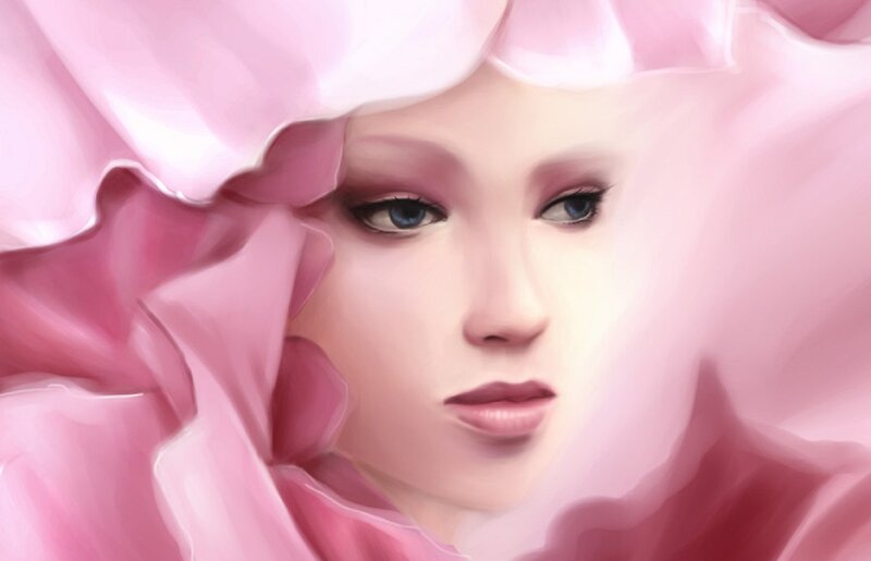 Woman with Pink Flowers — Serene, Digital Art, Eyes