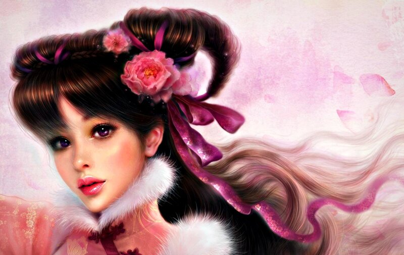 Woman with Pink Flowers — Serene, Digital Art, Ribbons
