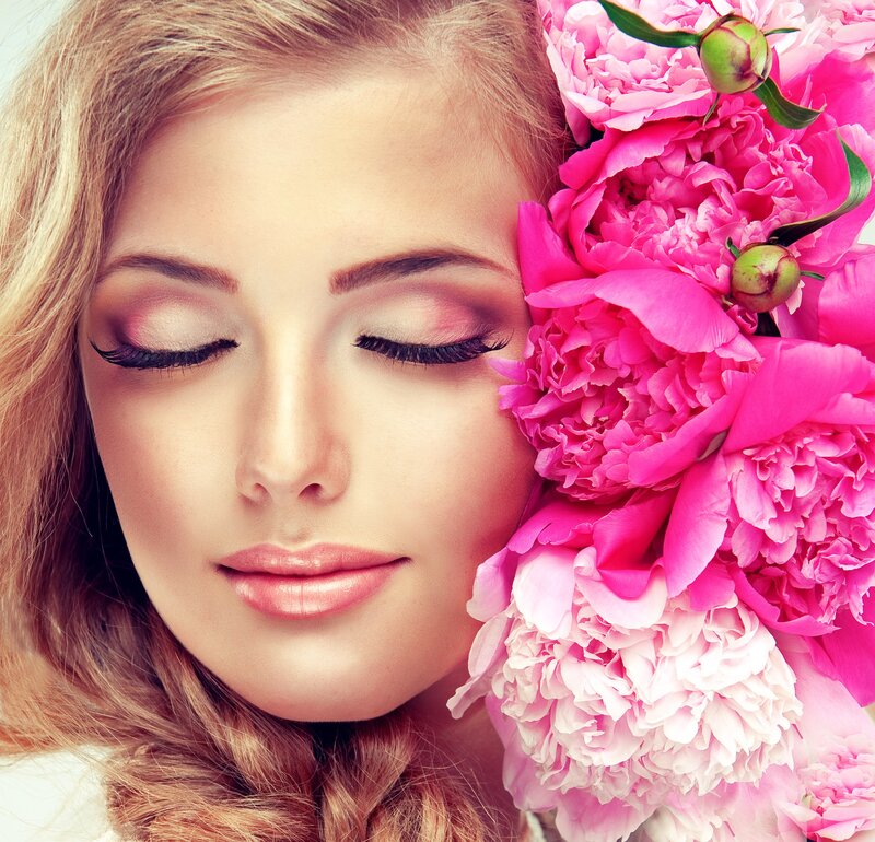 Woman with Pink Flowers — Serene, Photograph, Eyes