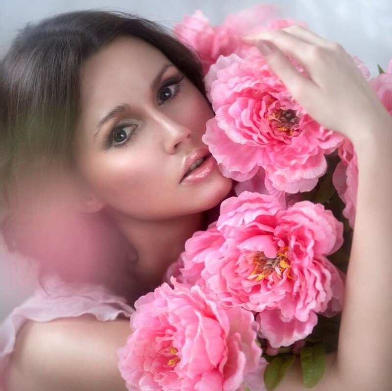 Woman with Pink Flowers — Serene, Photograph, Hand