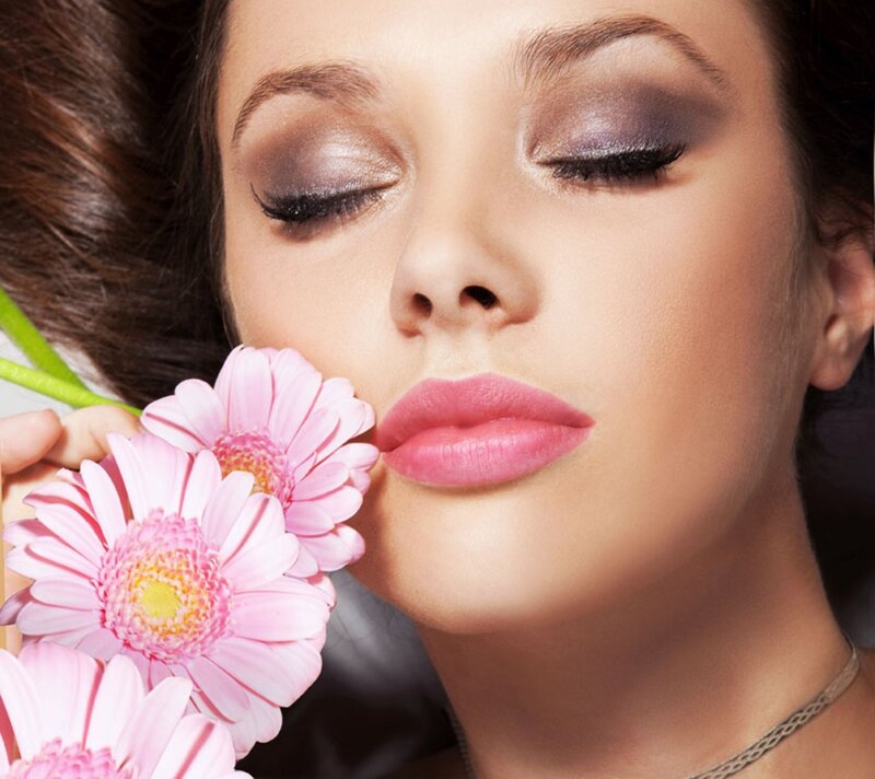 Woman with Pink Flowers — Serene, Photograph, Makeup