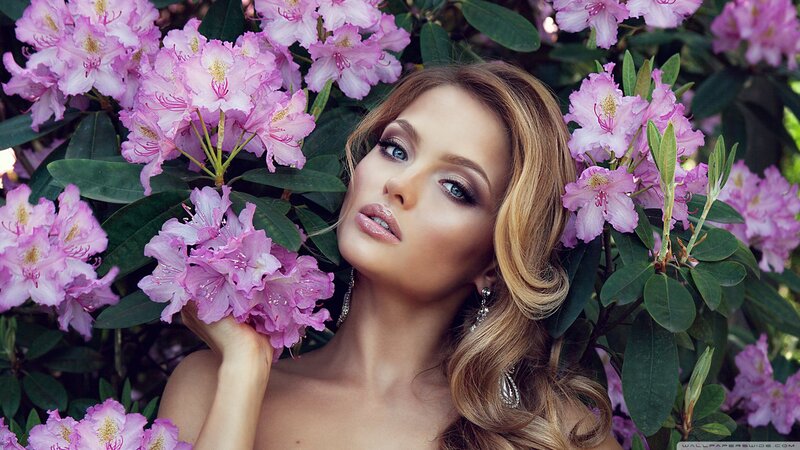 Woman with Pink Flowers — Serene, Spring, Photograph, Earrings