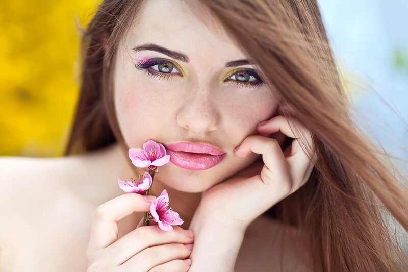 Woman with Pink Flowers — Serene, Spring, Photograph, Makeup, Hair