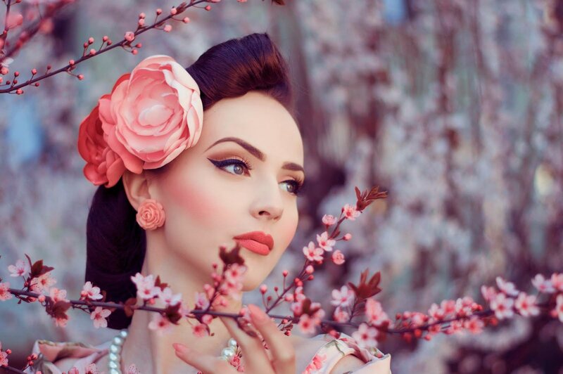 Woman with Pink Flowers — Serene, Spring, Photograph, Makeup