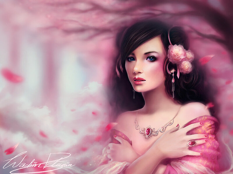 Woman with Pink Flowers — Serene, Spring
