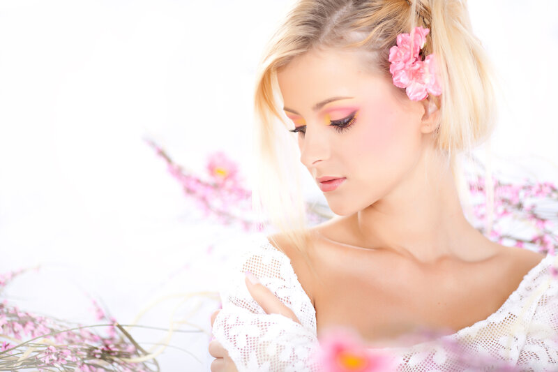 Woman with Pink Flowers — White