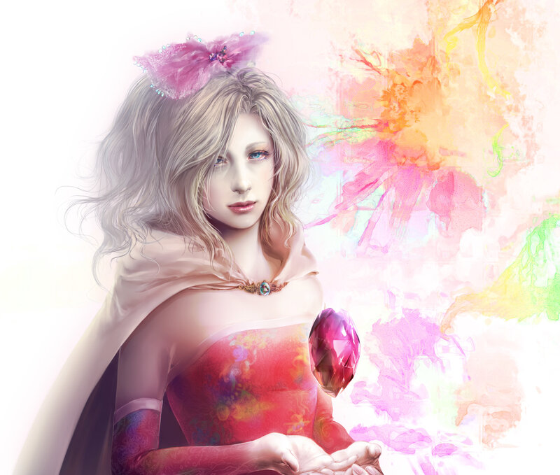 woman with pink gemstone