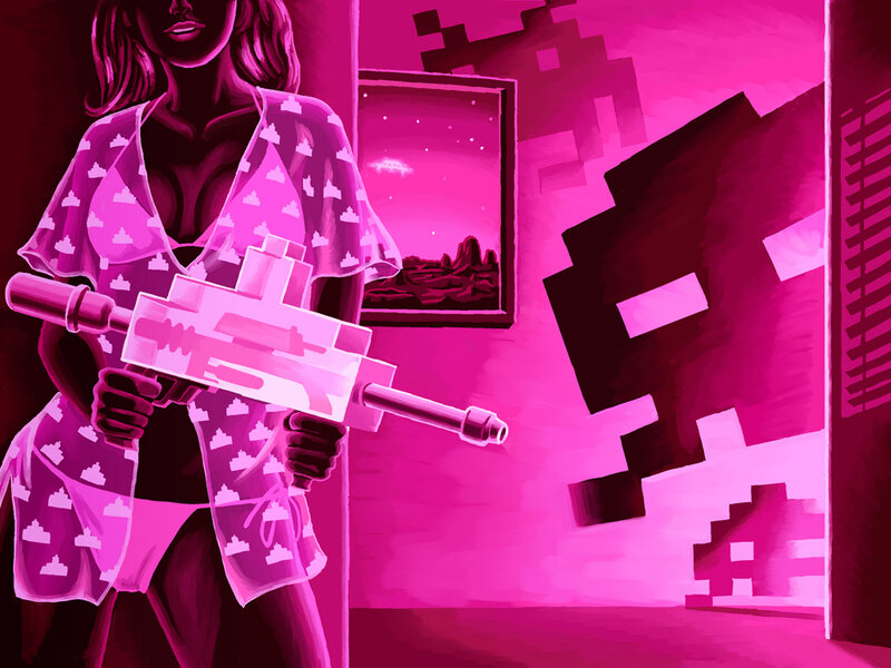 Woman with pink gun in room