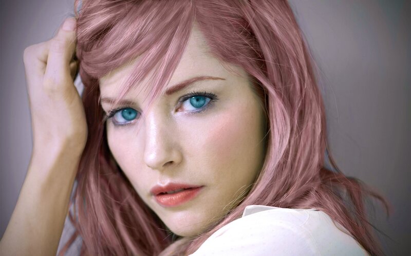 woman with pink hair and blue eyes