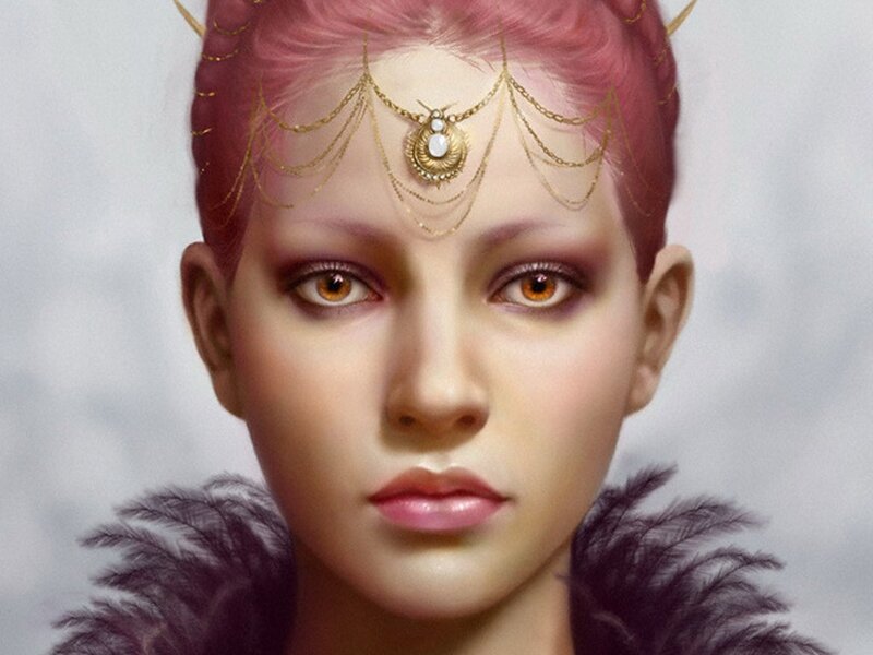 woman with pink hair and golden headpiece