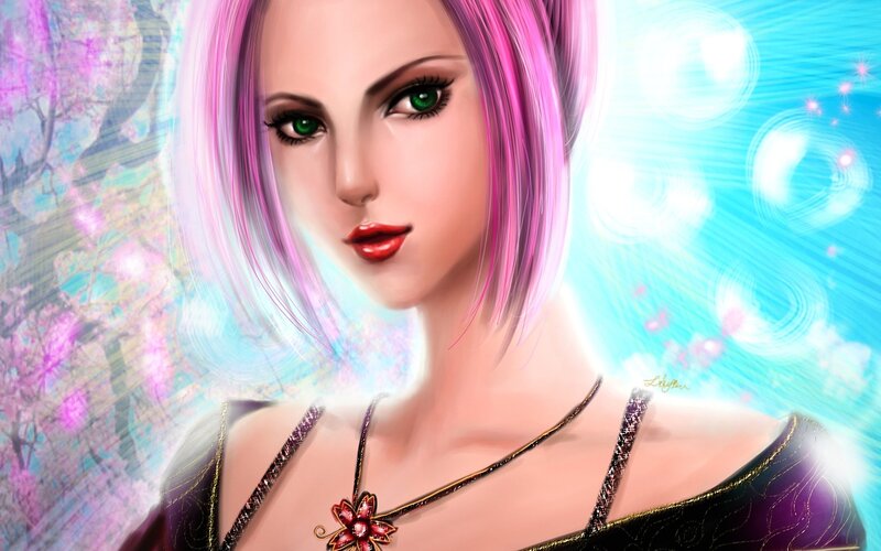 woman with pink hair and green eyes