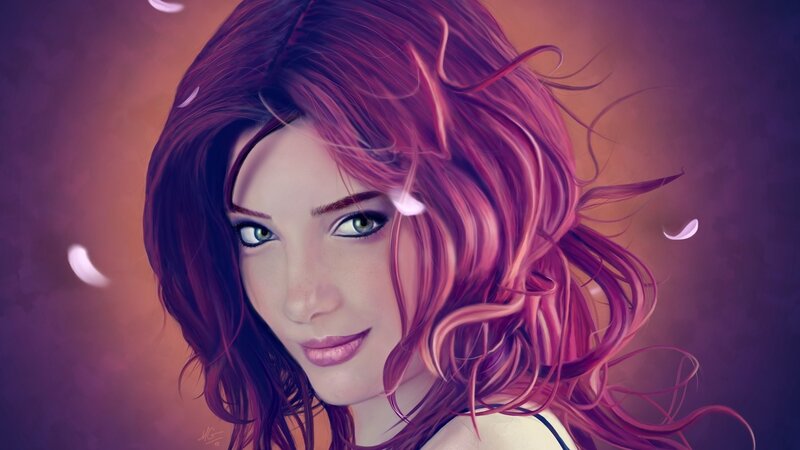 woman with pink hair and green eyes