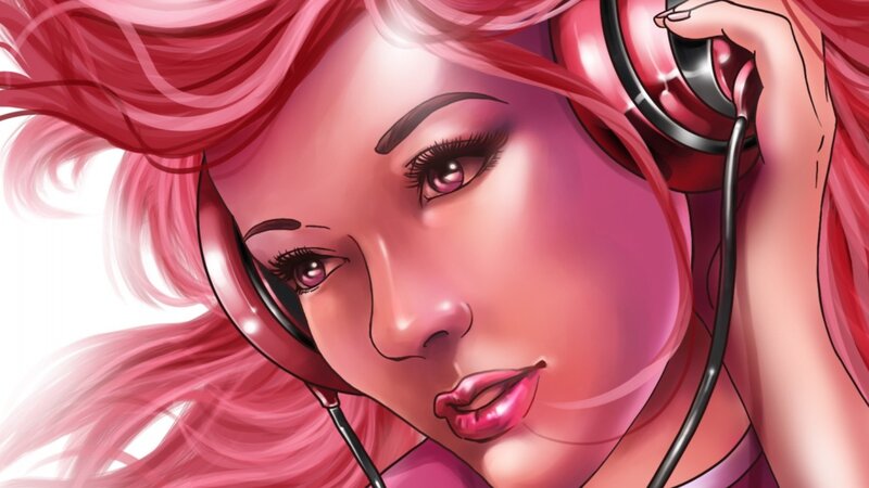 woman with pink hair and headphones