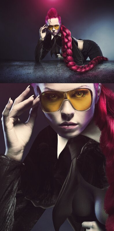 woman with pink hair and sunglasses