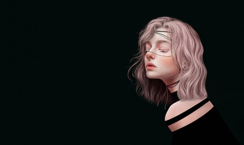 Woman with Pink Hair — Black, Dramatic, Digital Art, Black Top