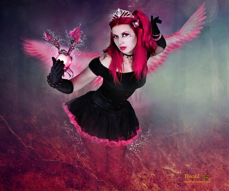 Woman with Pink Hair — Black, Dramatic, Digital Art, Wings