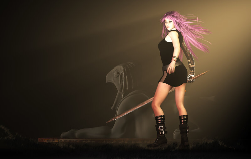 Woman with Pink Hair — Black, Dramatic, Night, 3d Render