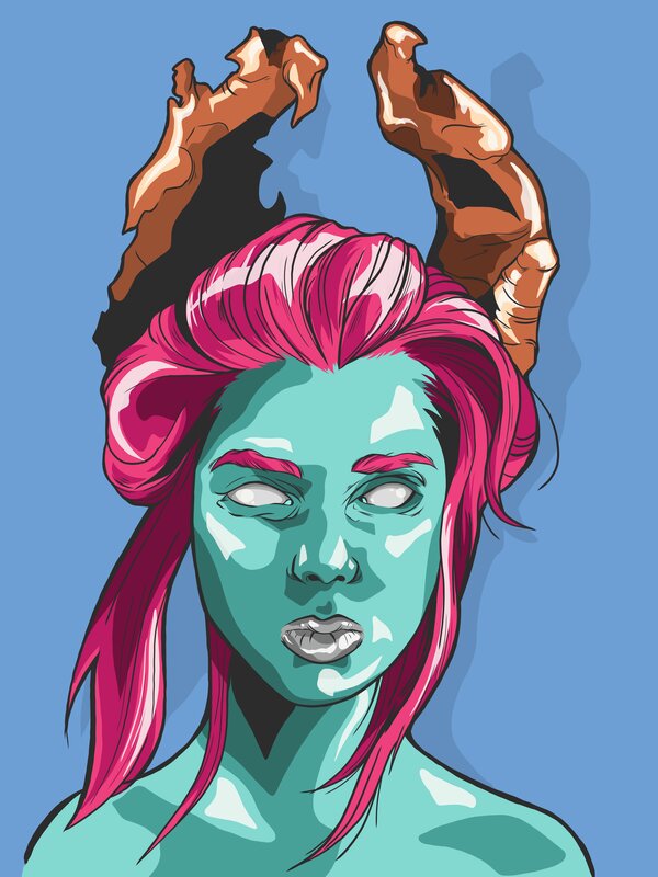 Woman with Pink Hair — Blue, Dramatic, Digital Art, Horns