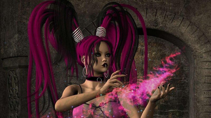 woman with pink hair casting spell