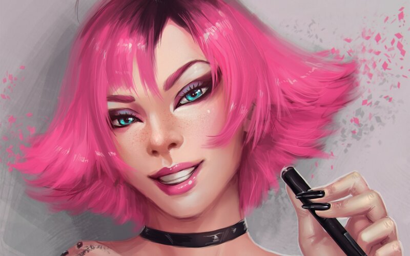 Woman with Pink Hair — Confident, Digital Art, Choker