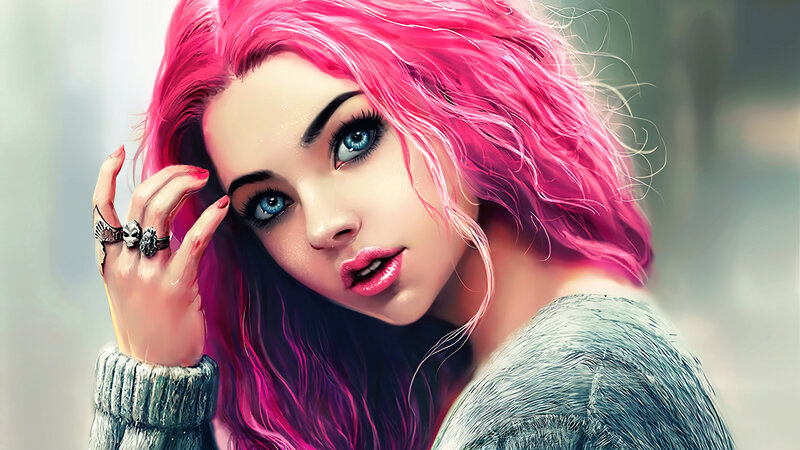Woman with Pink Hair — Dramatic, Digital Art, Blue Eyes, Rings