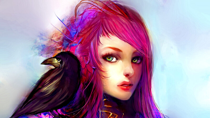 Woman with Pink Hair — Dramatic, Digital Art, Crow