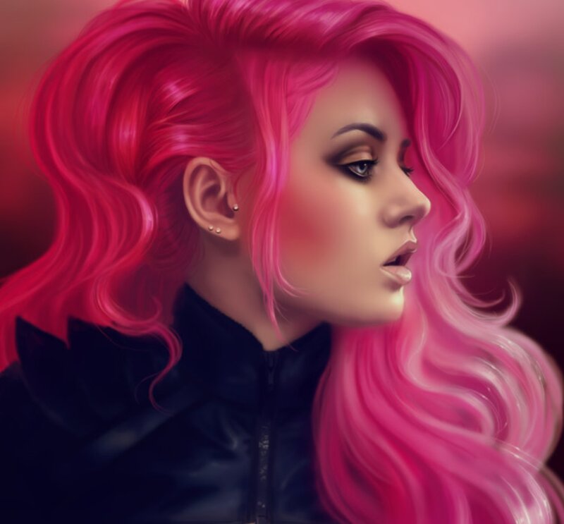Woman with Pink Hair — Dramatic, Digital Art, Ear Piercings