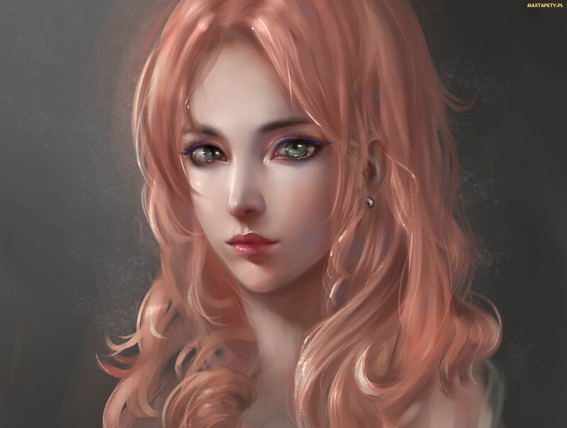 Woman with Pink Hair — Dramatic, Digital Art, Earring, Green Eyes