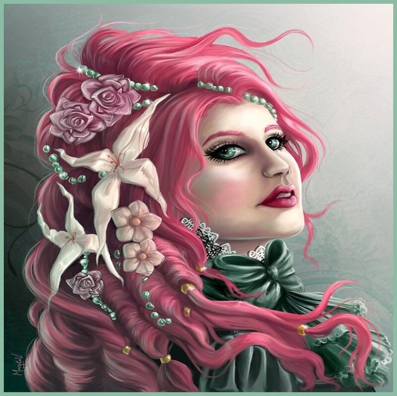 Woman with Pink Hair — Dramatic, Digital Art, Flowers, Bow