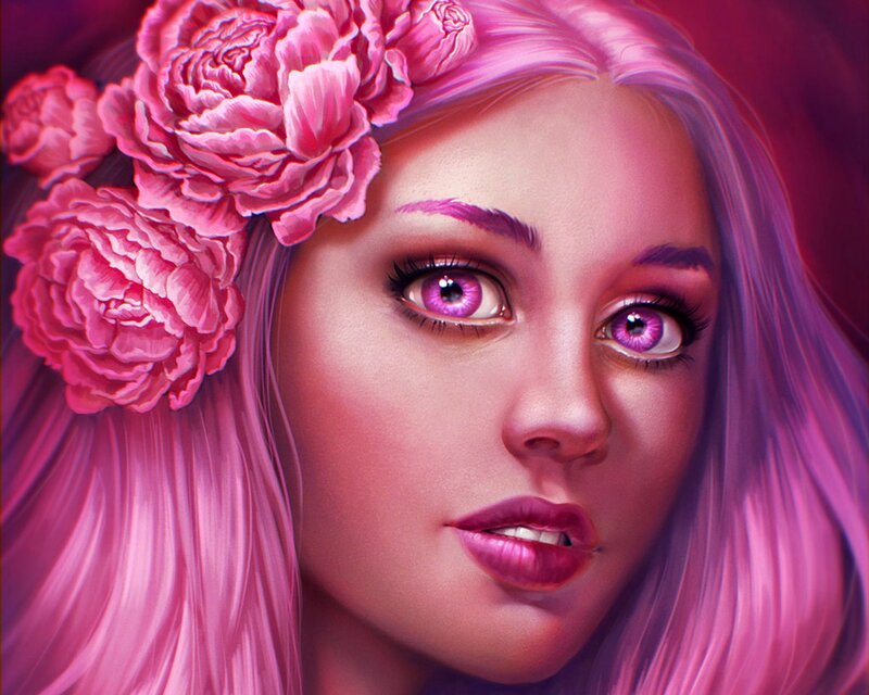 Woman with Pink Hair — Dramatic, Digital Art, Flowers, Eyes