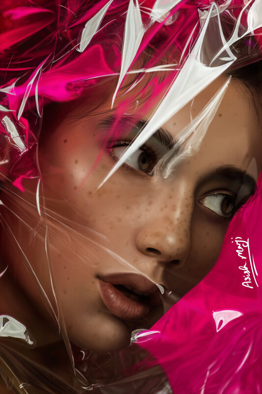 Woman with Pink Hair — Dramatic, Digital Art, Freckles