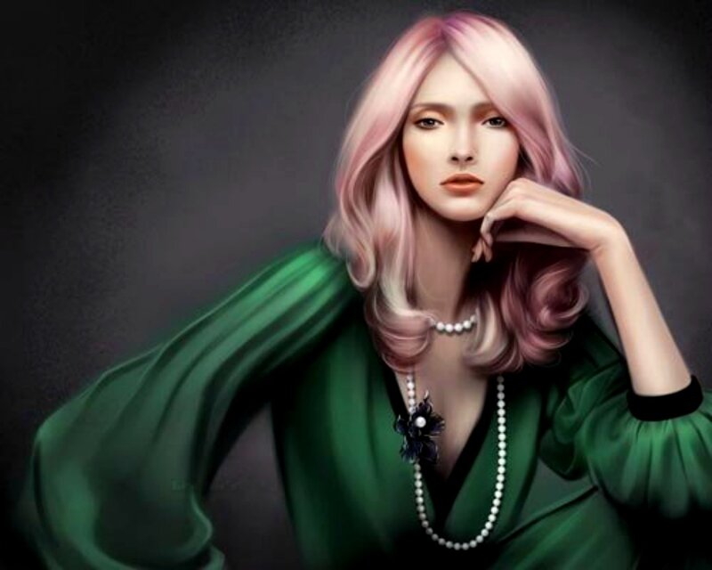 Woman with Pink Hair — Dramatic, Digital Art, Green Dress, Pearl Necklace