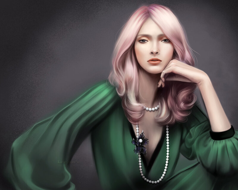 Woman with Pink Hair — Dramatic, Digital Art, Green Dress
