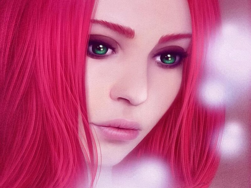 Woman with Pink Hair — Dramatic, Digital Art, Green Eyes