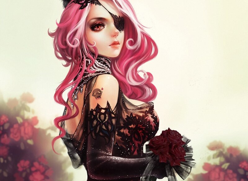 Woman with Pink Hair — Dramatic, Digital Art, Mask, Tattoo