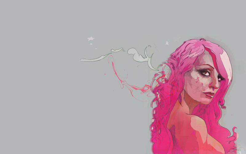 Woman with Pink Hair — Dramatic, Digital Art, Stars