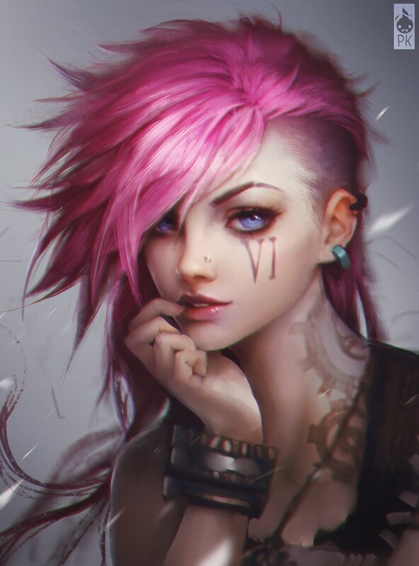Woman with Pink Hair — Dramatic, Digital Art, Tattoo, Earring