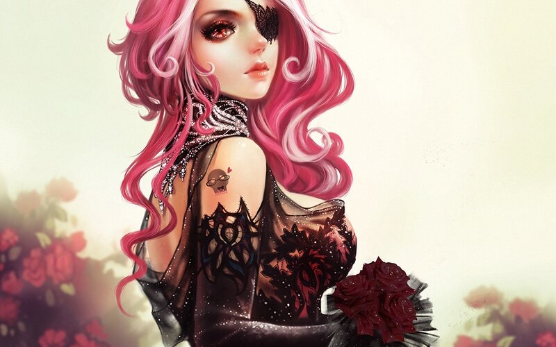 Woman with Pink Hair — Dramatic, Digital Art, Tattoo